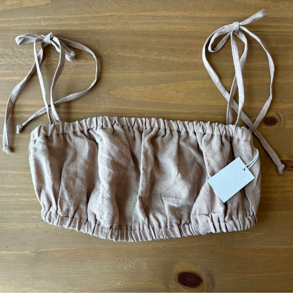 Bohème Goods 100% Linen Brown Tie Strap Ruched Crop Top